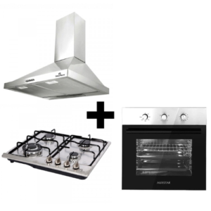 PACK INOX: HOTTE PYRAMIDE 60CM GALAXY NATUREL+ PLAQUE 4 FEUX GALAXY NATUREL INOX+ FOUR ENCASTRABLE AUXTAR