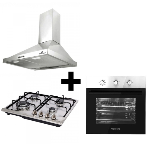 PACK INOX: HOTTE PYRAMIDE 60CM GALAXY NATUREL+ PLAQUE 4 FEUX GALAXY NATUREL INOX+ FOUR ENCASTRABLE AUXTAR